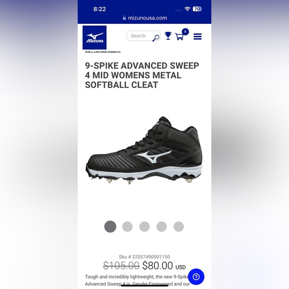 Mizuno 9-Spike Advanced Sweep 4 Mid Women’s Metal Softball Cleat - Size 7 - Picture 2 of 6